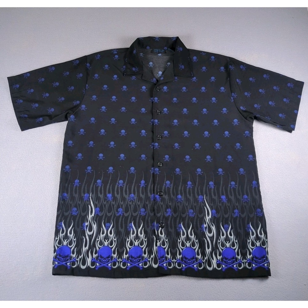 Vintage Y2K MT:2 Shirt Mens Large Black Button Up Flames Skull Crossbones Grunge